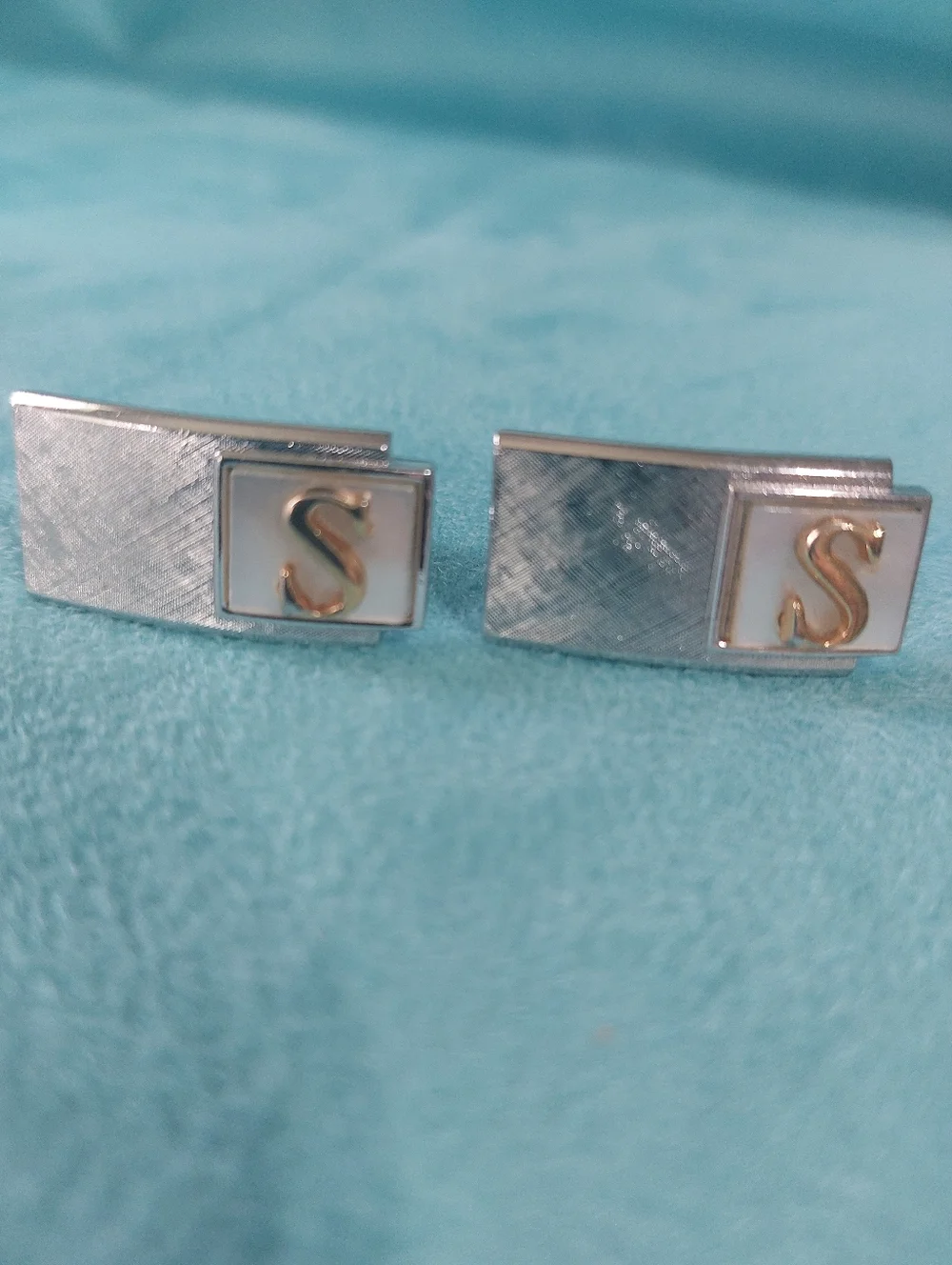 Swank Brushed Silvertone & Goldtone S Initial Cufflinks & Tie Clip Set, Vintage